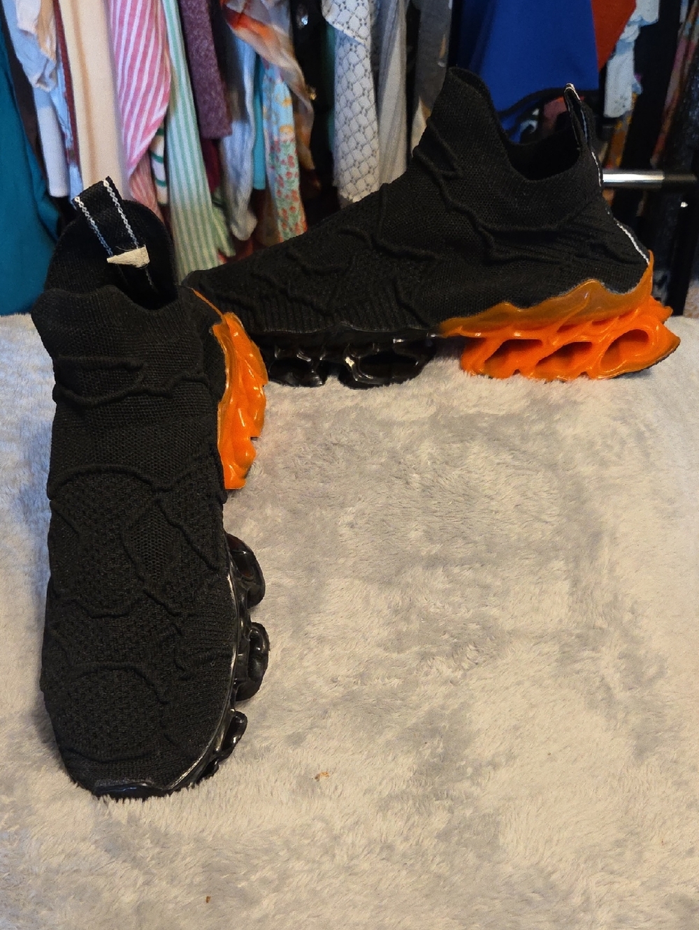 Source Unknown Black Knit Athletic Slip-On Sneakers with Orange Accents